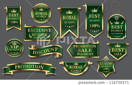 Green golden luxury premium quality label badges on grey background vector 118730371