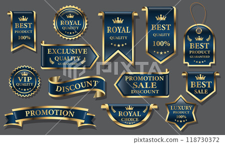 Blue golden luxury premium quality label badges on grey background vector Blue golden luxury premium quality label badges on grey background vector 118730372