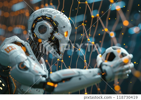 Futuristic humanoid robot football goalkeeper catching soccer ball in goal, horizontal illustration Futuristic humanoid robot football goalkeeper catching soccer ball in goal, horizontal illustration 118730419