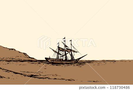 Vector landscape. Sketch of a fishing boat Vector landscape. Sketch of a fishing boat 118730486