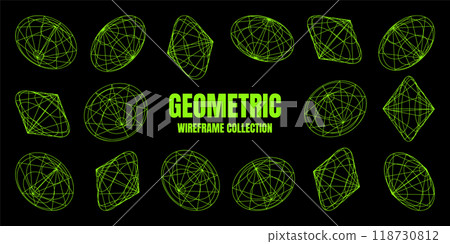 Wireframe lined shapes. Perspective mesh, 3d grid. Low poly geometric elements. Retro futuristic design elements, y2k, vaporwave and synthwave style. Vector illustration 118730812
