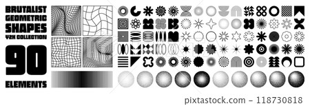 Brutalist geometric shapes, modern symbols. Groovy checkered pattern, distorted tiled grid. Simple elements, forms. Retro design, trendy contemporary minimalist style, y2k. Vector illustration Brutalist geometric shapes, modern symbols. Groovy checkered pattern, distorted tiled grid. Simple elements, forms. Retro design, trendy contemporary minimalist style, y2k. Vector illustration 118730818