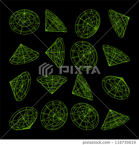 Wireframe lined shapes. Perspective mesh, 3d grid. Low poly geometric elements. Retro futuristic design elements, y2k, vaporwave and synthwave style. Vector illustration 118730819