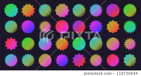 Brutalist geometric shapes, modern symbols. Colorful neon label, sticker, simple primitive star element with halftone effect. Retro design, trendy minimalist style, y2k. Vector illustration Brutalist geometric shapes, modern symbols. Colorful neon label, sticker, simple primitive star element with halftone effect. Retro design, trendy minimalist style, y2k. Vector illustration 118730844