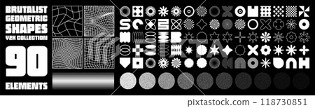 Brutalist geometric shapes, modern symbols. Groovy checkered pattern, distorted tiled grid. Simple elements, forms. Retro design, trendy contemporary minimalist style, y2k. Vector illustration 118730851