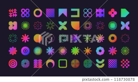 Brutalist geometric shapes, modern symbols with halftone effect. Colorful neon simple primitive elements and forms. Retro design, trendy contemporary minimalist style, y2k. Vector illustration Brutalist geometric shapes, modern symbols with halftone effect. Colorful neon simple primitive elements and forms. Retro design, trendy contemporary minimalist style, y2k. Vector illustration 118730878