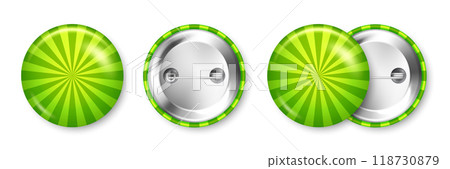 Realistic colorful funky badges. Sunburst effect. Glossy 3D round button. Pin badge, brooch mockup for product promotion and advertising. Vector illustration 118730879