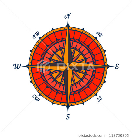 Vintage marine wind rose, nautical chart. Colorful navigational compass with cardinal directions of North, East, South, West. Geographical position, cartography and navigation. Vector illustration 118730895