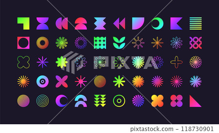 Brutalist geometric shapes, modern symbols. Colorful neon simple primitive elements and forms. Retro design, trendy contemporary minimalist style, y2k. Vector illustration Brutalist geometric shapes, modern symbols. Colorful neon simple primitive elements and forms. Retro design, trendy contemporary minimalist style, y2k. Vector illustration 118730901