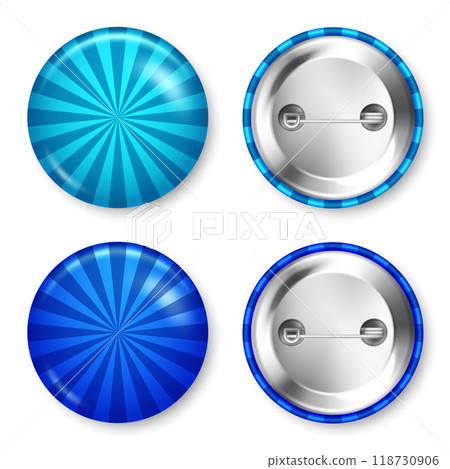 Realistic colorful funky badges. Sunburst effect. Glossy 3D round button. Pin badge, brooch mockup for product promotion and advertising. Vector illustration Realistic colorful funky badges. Sunburst effect. Glossy 3D round button. Pin badge, brooch mockup for product promotion and advertising. Vector illustration 118730906