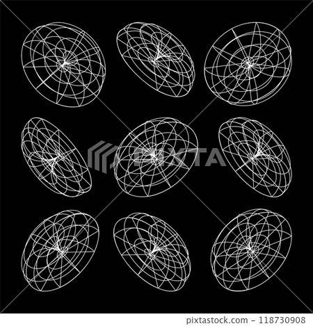 Wireframe lined shapes. Perspective mesh, 3d grid. Low poly geometric elements. Retro futuristic design elements, y2k, vaporwave and synthwave style. Vector illustration Wireframe lined shapes. Perspective mesh, 3d grid. Low poly geometric elements. Retro futuristic design elements, y2k, vaporwave and synthwave style. Vector illustration 118730908