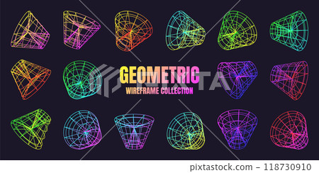 Neon lined wireframe shapes. Perspective mesh, 3d grid. Low poly geometric elements. Retro futuristic design elements, y2k, vaporwave and synthwave style. Vector illustration Neon lined wireframe shapes. Perspective mesh, 3d grid. Low poly geometric elements. Retro futuristic design elements, y2k, vaporwave and synthwave style. Vector illustration 118730910