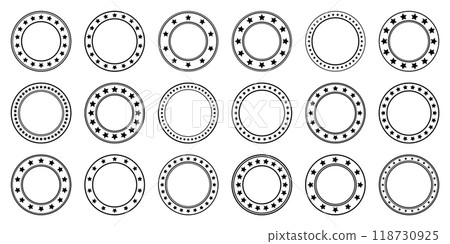 Stars of various sizes arranged in a circle. Round frame, border. Black star shape, simple symbol. Vintage logo, logotype design element, ornament. Vector illustration 118730925
