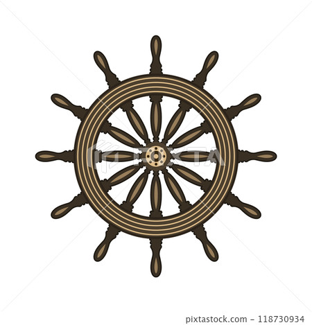 Wooden vintage steering wheels. Ship, sailboat or yacht retro wheel symbol. Nautical rudder icon. Marine logotype design element. Vector illustration 118730934