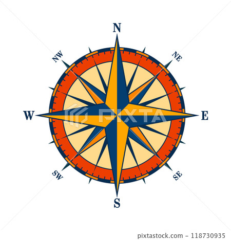 Vintage marine wind rose, nautical chart. Colorful navigational compass with cardinal directions of North, East, South, West. Geographical position, cartography and navigation. Vector illustration 118730935