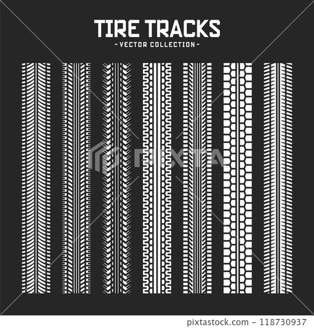 Tire tracks, wheel braking marks. Truck, car or motorcycle tread pattern silhouettes. Auto race, motorsport, speed racing design element. Vector illustration 118730937