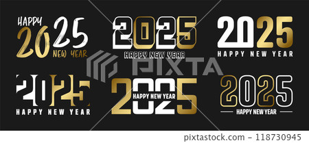 Set of 2025 Happy New Year greeting text designs. Christmas banner, poster, festive greeting card or seasonal promotion template. Collection of 2025 numbers with greetings. Vector illustration 118730945