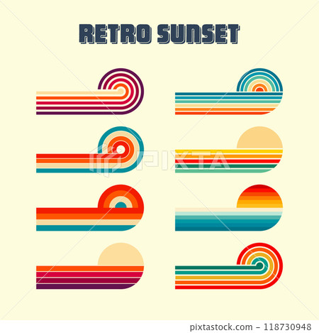 Horizontal vintage sunsets. Various colorful striped sunrise badges in 80s and 90s style. Sun and ocean view, summer vibes, surfing. Design element, print, logo or t-shirt. Vector illustration 118730948