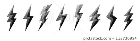 Lightning bolt icons collection. Dotted flash symbol, thunderbolt. Simple stipple lightning strike sign. Dot shading, drawing. Vector illustration Lightning bolt icons collection. Dotted flash symbol, thunderbolt. Simple stipple lightning strike sign. Dot shading, drawing. Vector illustration 118730954