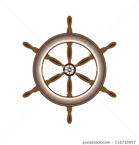 Wooden vintage steering wheels. Ship, sailboat or yacht retro wheel symbol. Nautical rudder icon. Marine logotype design element. Vector illustration 118730957