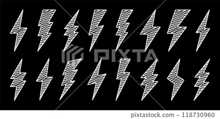 Hatched lightning bolt icons collection. Hand drawn flash symbol, thunderbolt. Simple lightning strike sign. Vector illustration 118730960