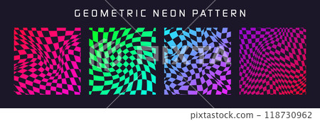 Groovy checkered pattern, colorful distorted tiled grid. Vintage wavy curved backdrop, distortion effect. Funky geometric chessboard texture, retro background in 90s style, y2k. Vector illustration 118730962