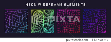 Colorful wireframe shapes, lined perspective mesh, 3d grid. Low poly geometric elements. Retro futuristic design elements, y2k, vaporwave and synthwave style. Vector illustration 118730967