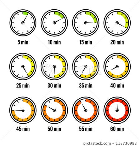 Stopwatch icons. Colorful simple chronometer, time counter with dial. Countdown timer showing hours and minutes. Deadline, measurement for sport. Cooking time label, sticker. Vector illustration 118730988