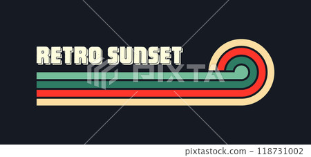 Vintage sunset collection. Various colorful striped sunrise badges in 80s and 90s style. Sun and ocean view, summer vibes, surfing. Design element for print, logo or t-shirt. Vector illustration 118731002