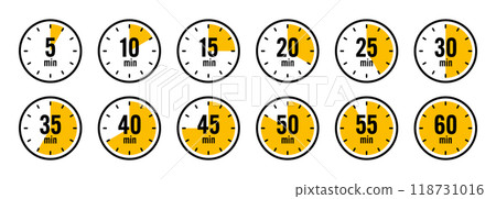 Stopwatch icons. Colorful simple chronometer, time counter with dial. Countdown timer showing hours and minutes. Deadline, measurement for sport. Cooking time label, sticker. Vector illustration 118731016