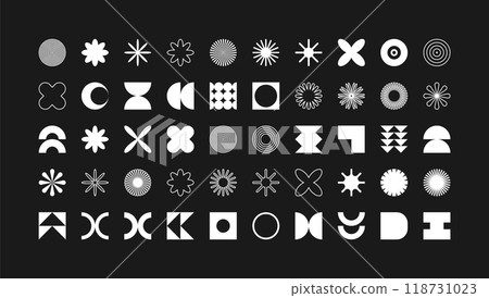 Brutalist geometric shapes, modern symbols. Simple primitive elements and forms. Retro design, trendy contemporary minimalist style, y2k. Vector illustration Brutalist geometric shapes, modern symbols. Simple primitive elements and forms. Retro design, trendy contemporary minimalist style, y2k. Vector illustration 118731023