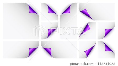 Set of violet paper curls. Curled page corner with shadow. Blank sheet of paper. Colorful shiny foil. Design element for advertising and promotion. Vector illustration. Set of violet paper curls. Curled page corner with shadow. Blank sheet of paper. Colorful shiny foil. Design element for advertising and promotion. Vector illustration. 118731028