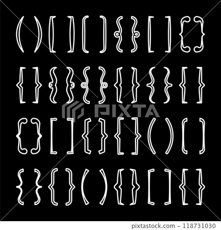 Text brackets collection, black quotation box. Curly, square and corner parentheses. Vintage typographical symbol, calligraphic quote frame. Doodle, lettering element. Vector illustration Text brackets collection, black quotation box. Curly, square and corner parentheses. Vintage typographical symbol, calligraphic quote frame. Doodle, lettering element. Vector illustration 118731030