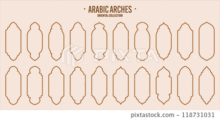 Islamic frames, oriental style objects. Arabic shapes, windows and arches. Traditional ornamental banner, frame. Muslim holidays, Ramadan Kareem. Modern eastern architecture. Vector illustration Islamic frames, oriental style objects. Arabic shapes, windows and arches. Traditional ornamental banner, frame. Muslim holidays, Ramadan Kareem. Modern eastern architecture. Vector illustration 118731031