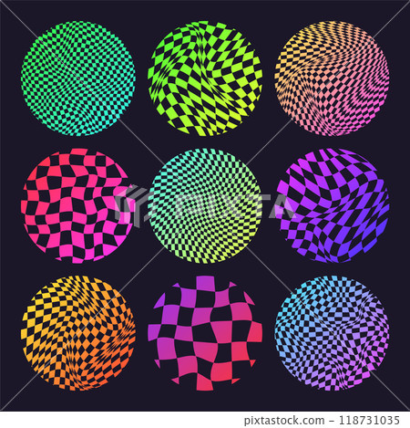 Groovy checkered pattern, neon round tiled grid. Vintage wavy curved backdrop, distortion effect. Funky geometric chessboard texture, retro background in 90s style, y2k. Vector illustration Groovy checkered pattern, neon round tiled grid. Vintage wavy curved backdrop, distortion effect. Funky geometric chessboard texture, retro background in 90s style, y2k. Vector illustration 118731035