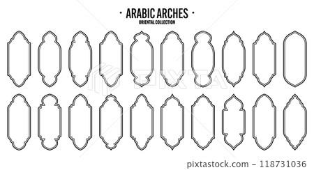 Islamic frames, oriental style objects. Arabic shapes, windows and arches. Traditional ornamental banner, frame. Muslim holidays, Ramadan Kareem. Modern eastern architecture. Vector illustration Islamic frames, oriental style objects. Arabic shapes, windows and arches. Traditional ornamental banner, frame. Muslim holidays, Ramadan Kareem. Modern eastern architecture. Vector illustration 118731036