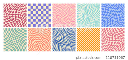 Groovy checkered pattern, colorful distorted tiled grid. Vintage wavy curved backdrop, distortion effect. Funky geometric chessboard texture, retro background in 90s style, y2k. Vector illustration 118731067