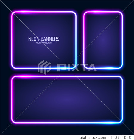 Glowing neon banners, illuminated colorful square frames. Shiny vibrant border, glow effect. Blue vintage retro lights, night illumination. Modern futuristic UI design elements. Vector illustration 118731068