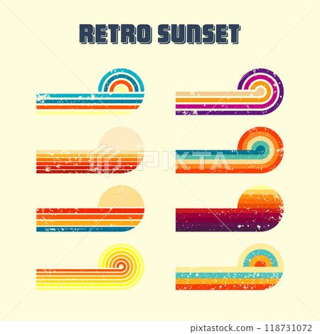 Grunge horizontal vintage sunsets. Various colorful striped sunrise badges in 80s and 90s style. Sun and ocean view, summer vibes, surfing. Design element, print, logo or t-shirt. Vector illustration Grunge horizontal vintage sunsets. Various colorful striped sunrise badges in 80s and 90s style. Sun and ocean view, summer vibes, surfing. Design element, print, logo or t-shirt. Vector illustration 118731072