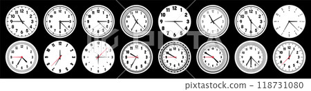 Mechanical clock faces with hands, bezel. Watch dial with minute, hour marks and numbers, arabic numerals. Timer or stopwatch element. Measuring circle scale with divisions. Vector illustration 118731080