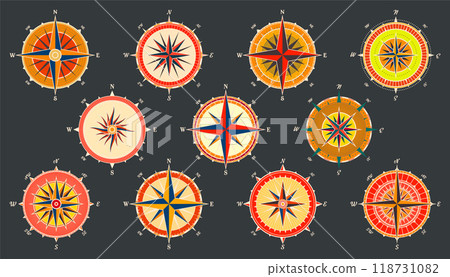 Vintage marine wind rose, nautical chart. Colorful navigational compass with cardinal directions of North, East, South, West. Geographical position, cartography and navigation. Vector illustration 118731082