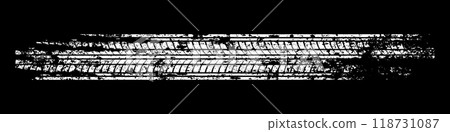 Grunge tire track, wheel braking marks. White truck, car or motorcycle tread pattern silhouette. Auto race, motorsport, speed racing design element. Vector illustration Grunge tire track, wheel braking marks. White truck, car or motorcycle tread pattern silhouette. Auto race, motorsport, speed racing design element. Vector illustration 118731087