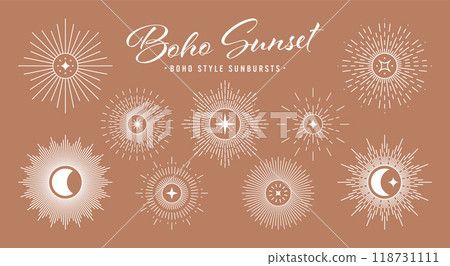 Vintage sunburst, sunset beams collection. Boho style, modern minimalist bohemian design. Hand drawn bursting sun, light rays. Logotype or lettering design element in retro style. Vector illustration Vintage sunburst, sunset beams collection. Boho style, modern minimalist bohemian design. Hand drawn bursting sun, light rays. Logotype or lettering design element in retro style. Vector illustration 118731111