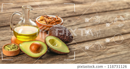 Healthy Fat. food rich in omega 3 fatty acids with AI Futuristic Smart virtual interface holograms icon Healthy Fat. food rich in omega 3 fatty acids with AI Futuristic Smart virtual interface holograms icon 118731126