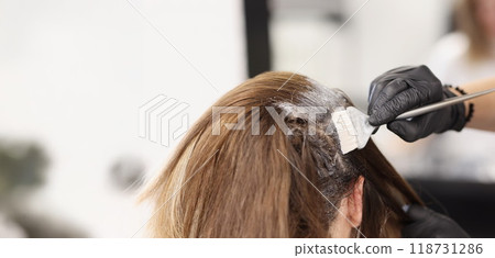 Hair master apply dye colour on hair with grey brush tool 118731286