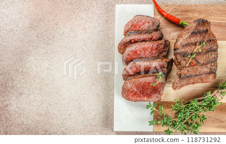 grilled marbled beef steak. Delicious balanced food concept. copy space for text. top view 118731292