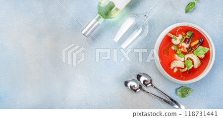 tomato soup with seafood, cold tomato soup or gazpacho, Long banner format. top view. copy space for text 118731441