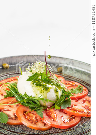 Salad Caprese with tomato, mozzarella and basil, copy space for text Salad Caprese with tomato, mozzarella and basil, copy space for text 118731483