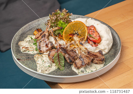 Grilled veal loin with vegetables, Restaurant menu, dieting, cookbook recipe top view 118731487