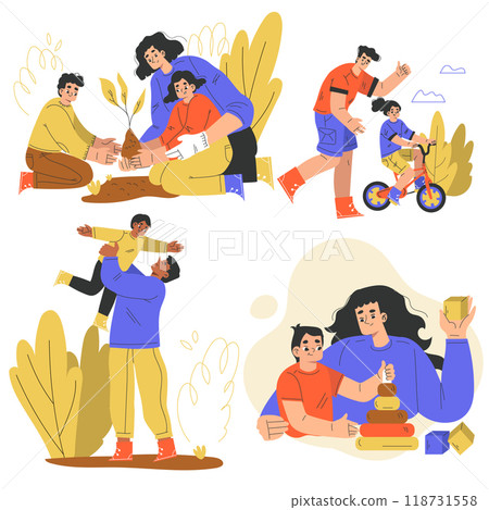 Parents with Children Enjoy Recreation Activity Together Vector Set 118731558